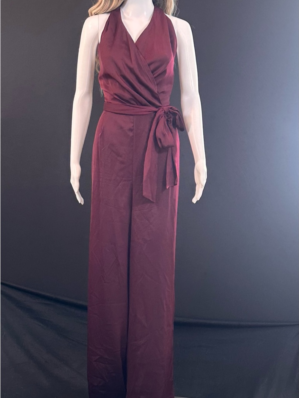 Nine West Sleeveless Wrap Halter Jumpsuit in Burgundy